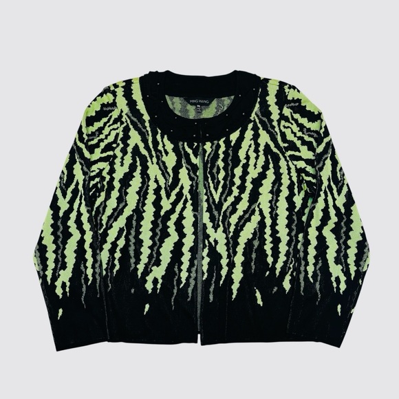 Ming Wang Open Front Cardigan Sweater Abstract Zebra Print Lime Green Black PXL - Picture 2 of 12
